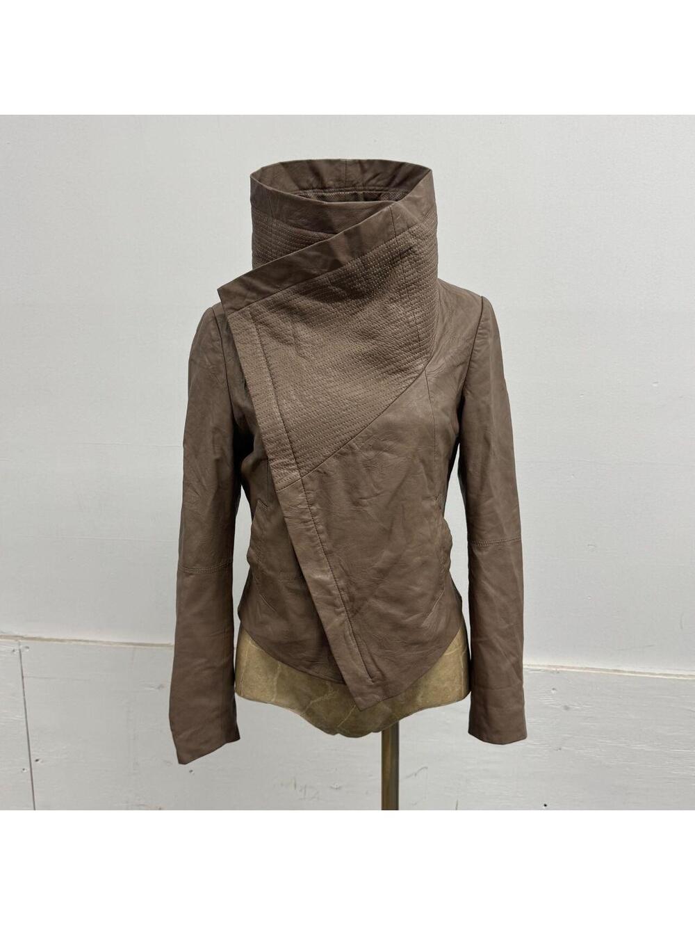 Vintage Brown Funnel Neck Asymmetric Avant Garde Leather Jacket